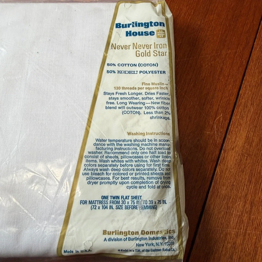 Burlington House White Twin Flat Sheet Never Never Iron Gold Star Vintage USA